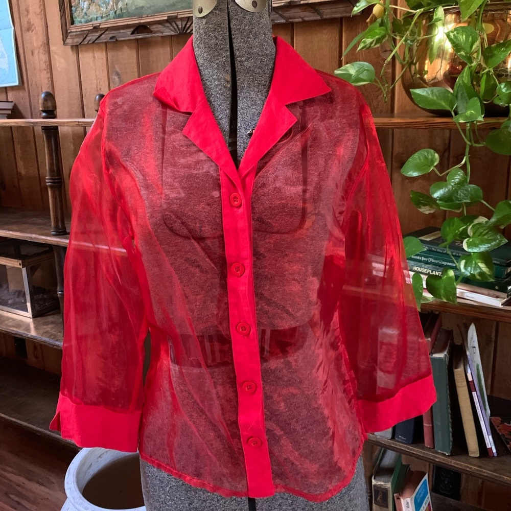 Vintage sheer red blouse shirt top button up small